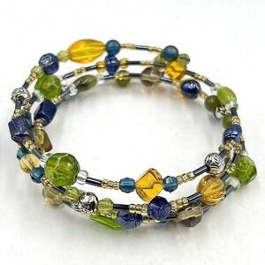 Vintage‎ Y2K Boho Multi-Strand Wrap Bracelet Green Blue Amber Beads 80ch Classic